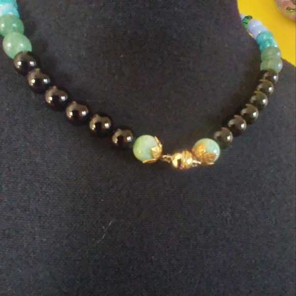 Handmade💎GENUINE💥 17" Onyx, Amazonite, Aventurine,Swarov & Glass🌺Flwer Neckl. - Picture 5 of 14